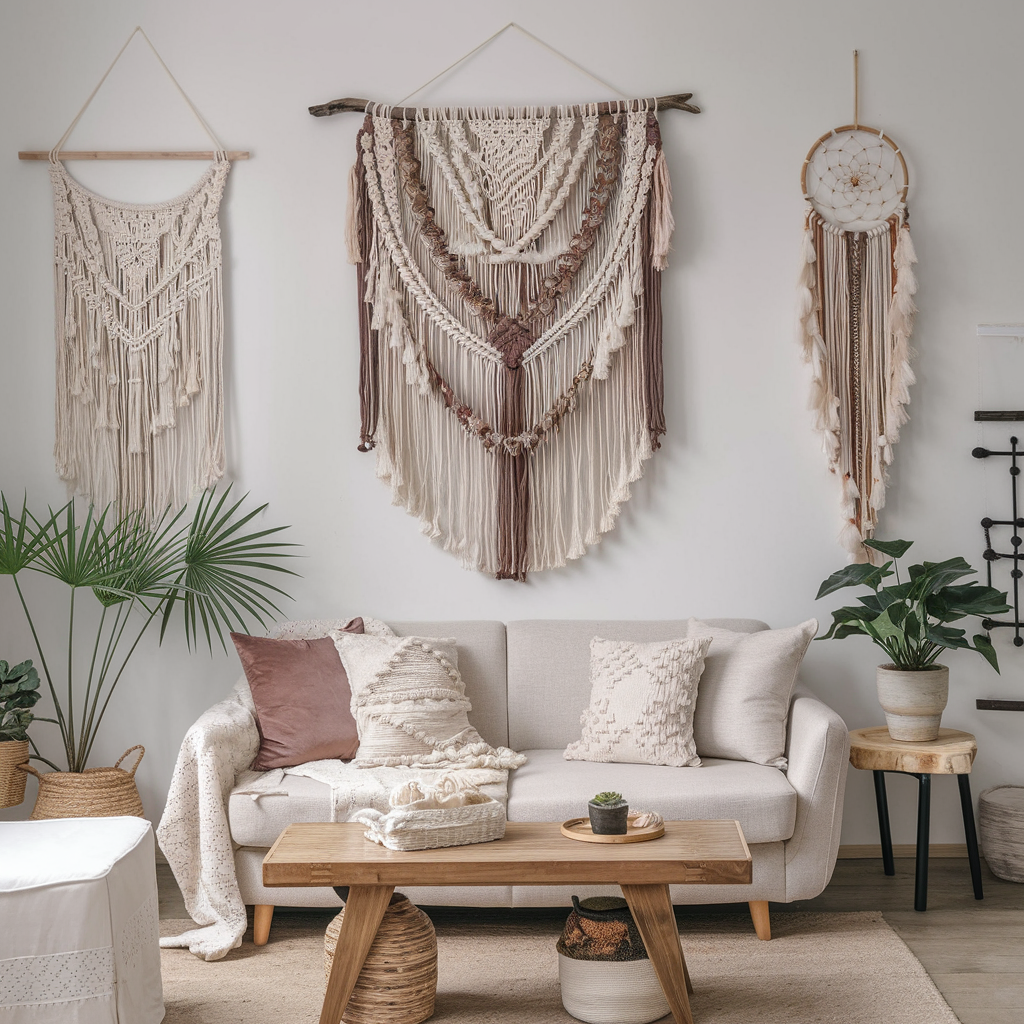 Macramé Wall Hangings
Use a large macramé wall piece as the focal point of your living room.
Incorporate boho-style tapestries or dreamcatchers.
Add texture without overwhelming the minimalist aesthetic.