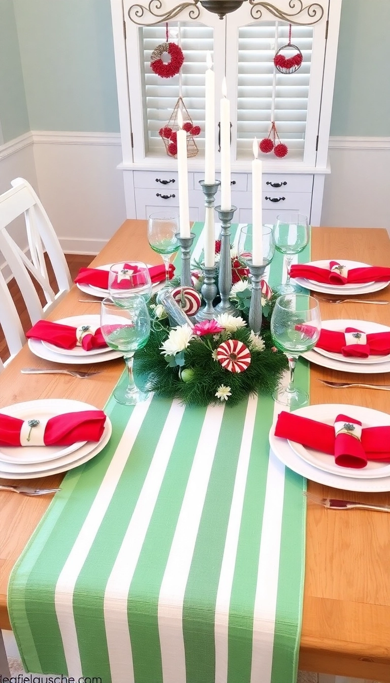 21 Peppermint Christmas Decorations That'll Sweeten Your Holiday Spirit (Wait Until You See #13!) - 2. Peppermint Striped Table Runner