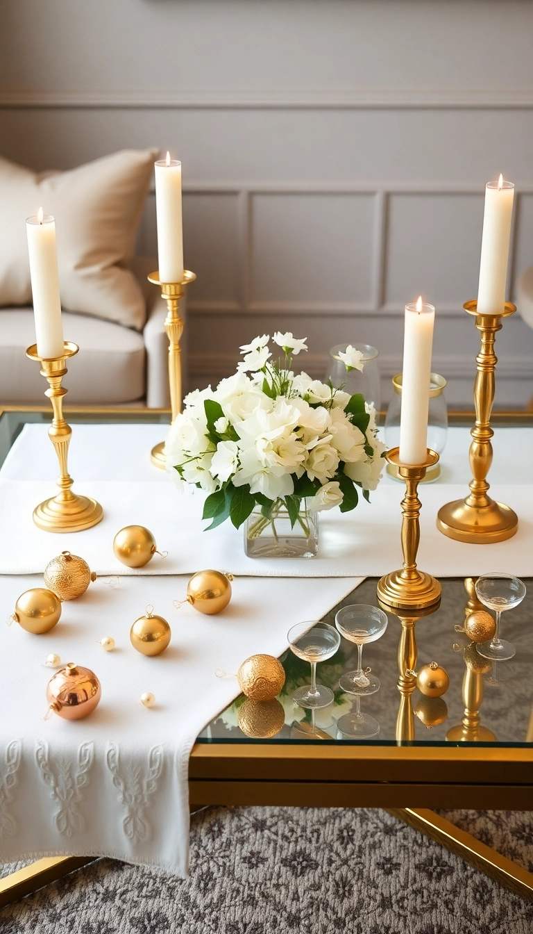 21 Christmas Coffee Table Decor Ideas That Will Have Your Guests Raving! - 2. Elegant Gold and White Theme