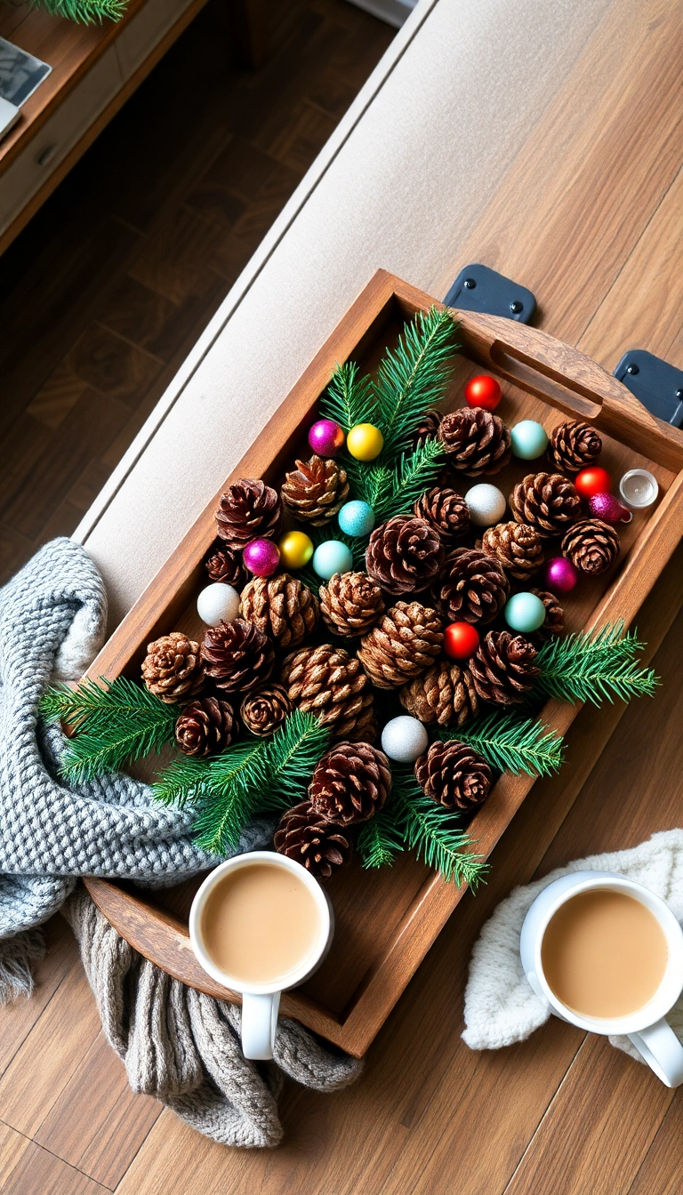 21 Christmas Coffee Table Decor Ideas That Will Have Your Guests Raving! - 1. Rustic Wood and Pinecone Centerpiece