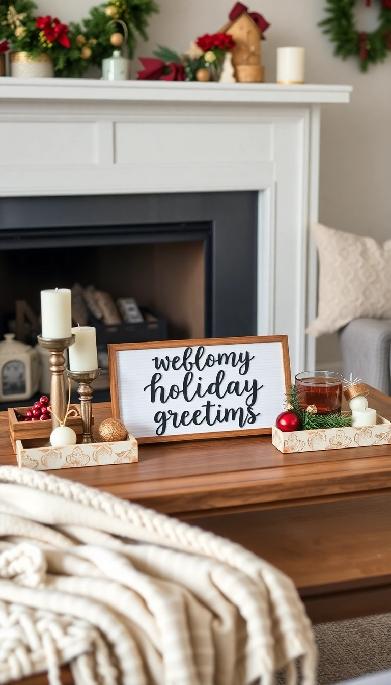 21 Christmas Coffee Table Decor Ideas That Will Have Your Guests Raving! - 20. Holiday Greetings Sign