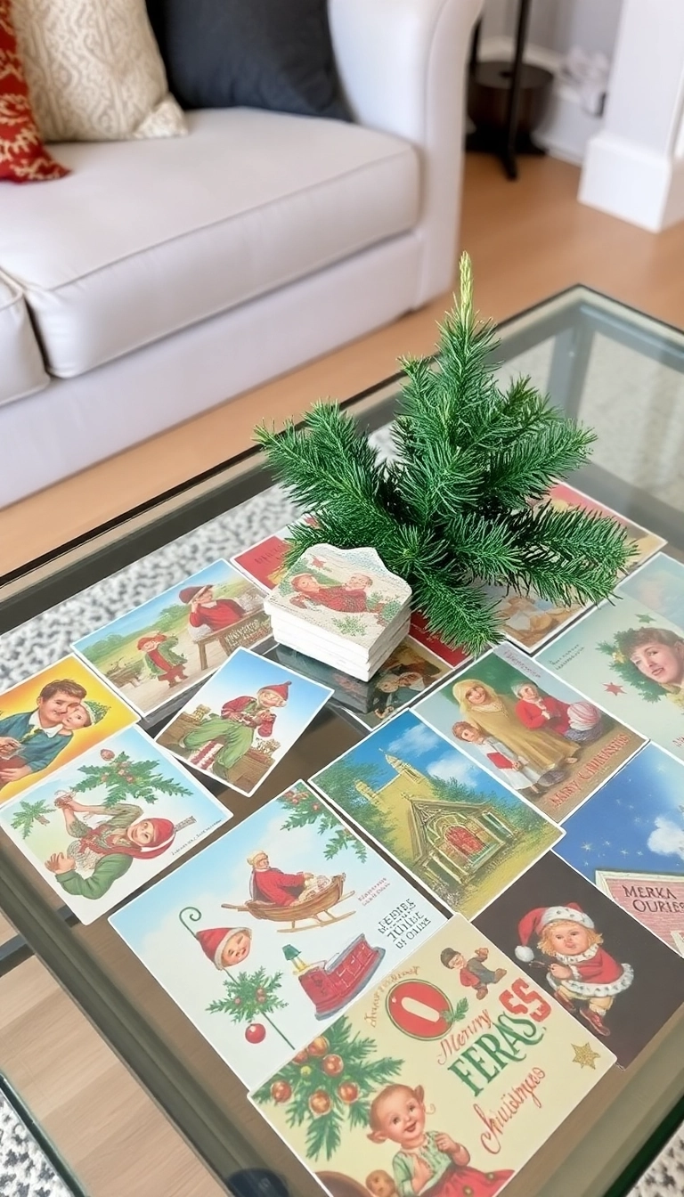 21 Christmas Coffee Table Decor Ideas That Will Have Your Guests Raving! - 3. Vintage Christmas Postcards