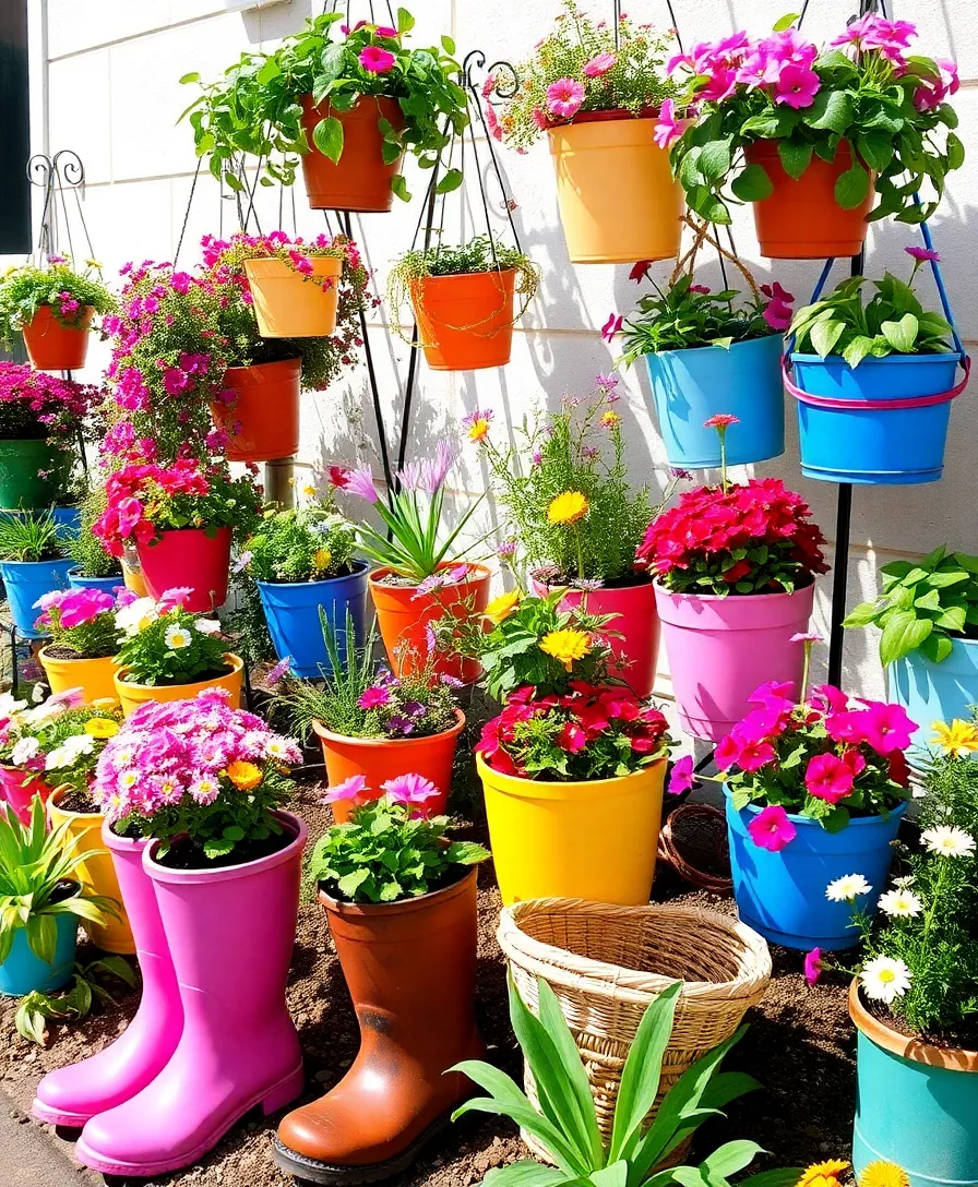 21 Unique Chaos Gardening Flower Bed Designs That Break All the Rules! - 17. Colorful Containers