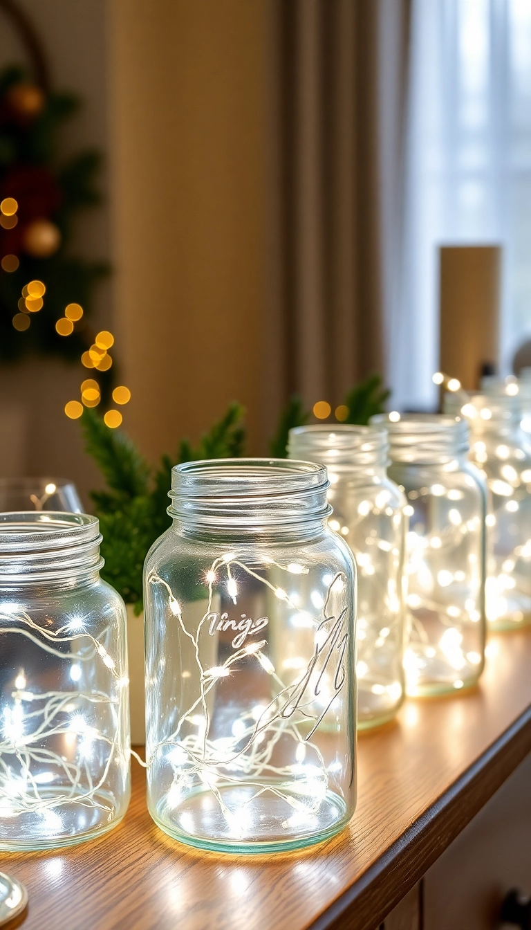 21 Simple and Elegant Last Minute Christmas Decorations That Wow! - 20. Simple Fairy Light Jars