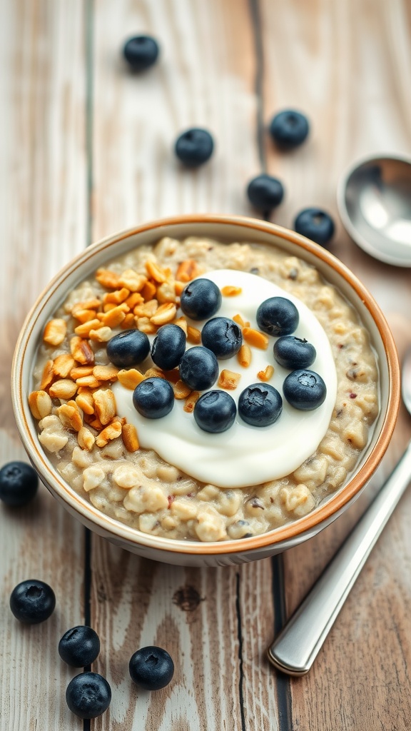 A bowl of blueberry oat breakfast with yogurt and nuts on a rustic table.