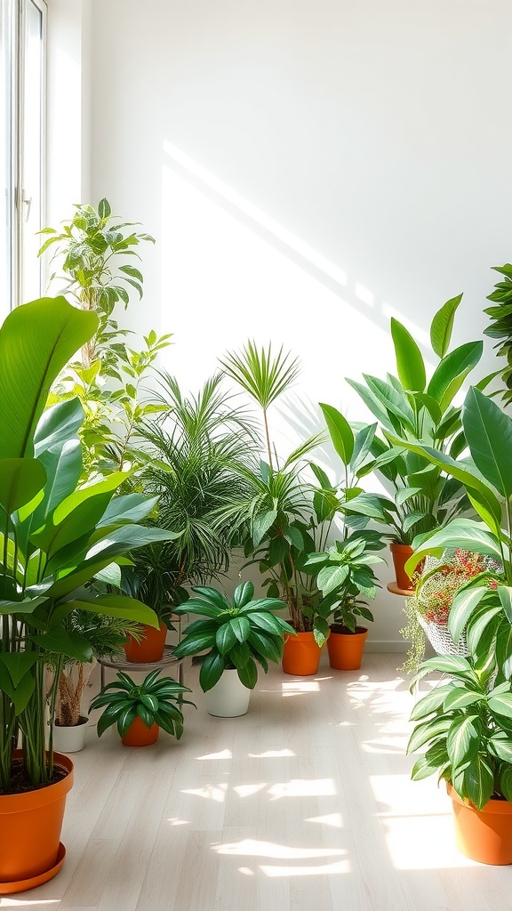 Room filled with various indoor plants in pots, creating a fresh atmosphere.