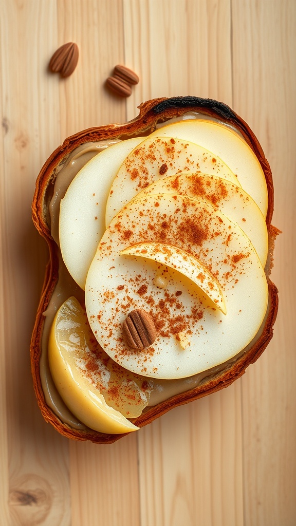 A delicious almond butter and apple toast topped with sliced apples and sprinkled with cinnamon.