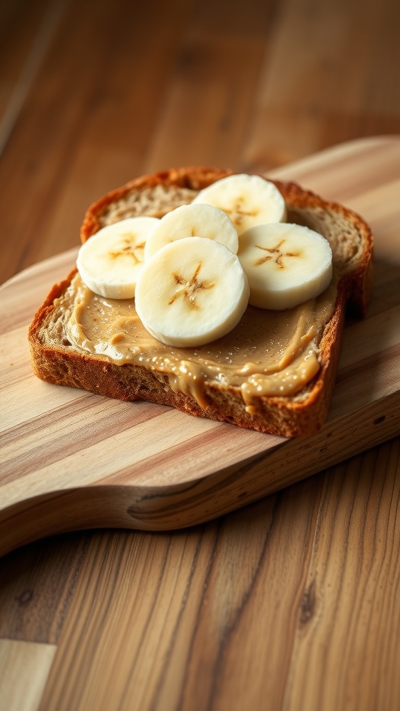 A slice of toast topped with almond butter and banana slices