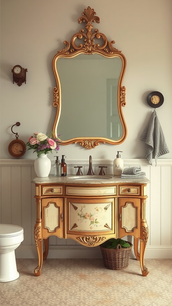 Antique vanity with decorative floral designs and a large ornate mirror in a vintage bathroom setting.