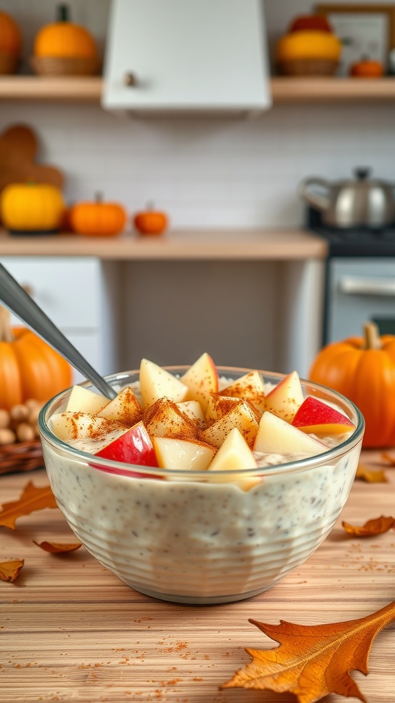 A bowl of Apple Pie Spice Overnight Oats topped with fresh apple slices and a sprinkle of cinnamon.