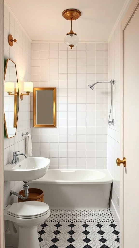 A vintage bathroom featuring Art Deco inspired fixtures, such as a sleek sink and stylish lighting.