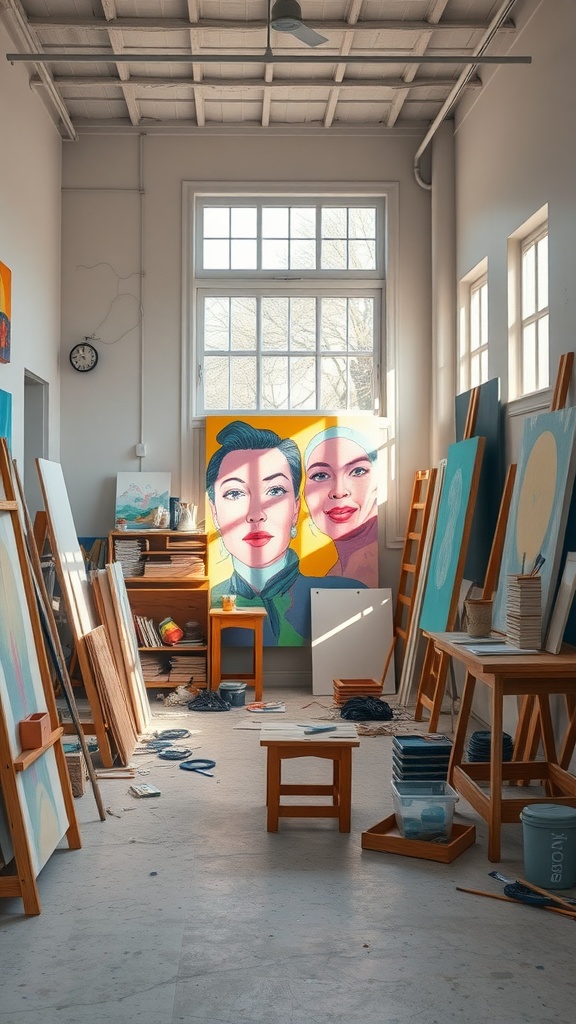 A bright art studio with large windows, wooden easels, and colorful paintings.