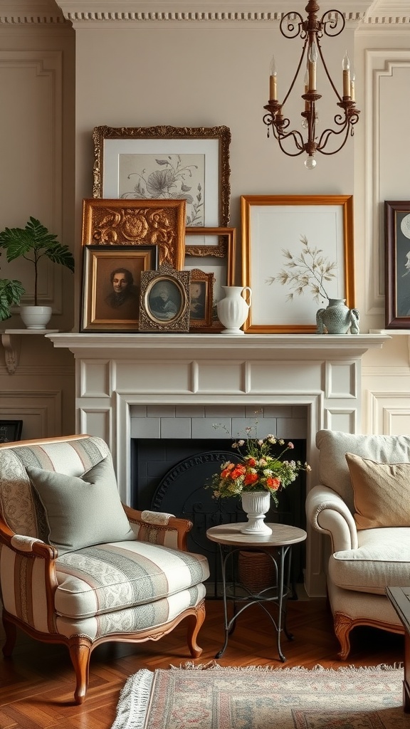 Cozy living room featuring artful displays with vintage frames and elegant decor.