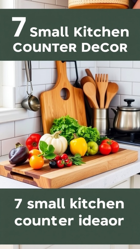 Artisan cutting board with fresh vegetables and fruits on a kitchen counter.