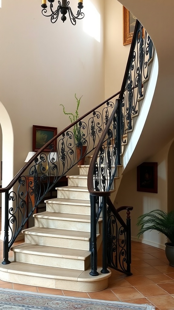 A beautifully designed staircase with wrought iron railings and warm lighting.