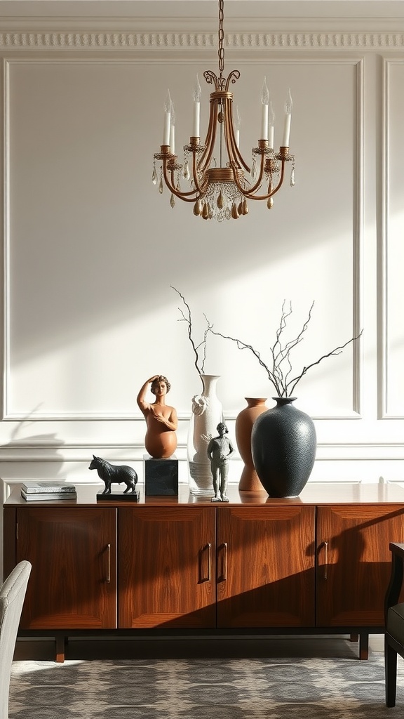 Stylish dining room sideboard with various artistic pieces and a chandelier overhead.