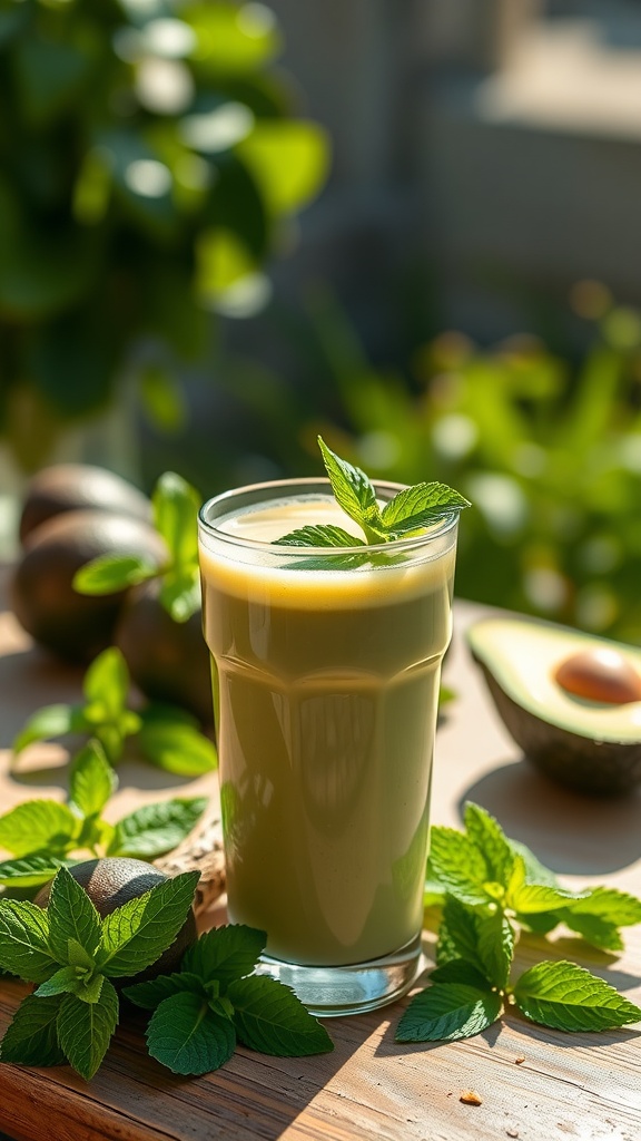 A refreshing avocado mint protein shake garnished with mint leaves