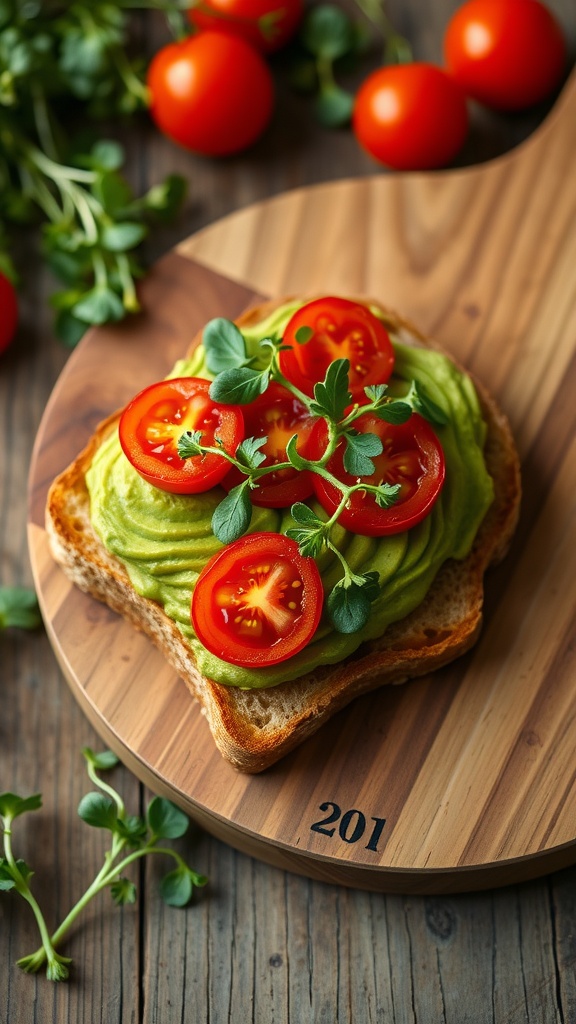 Avocado toast topped with cherry tomatoes and fresh herbs on a wooden board.