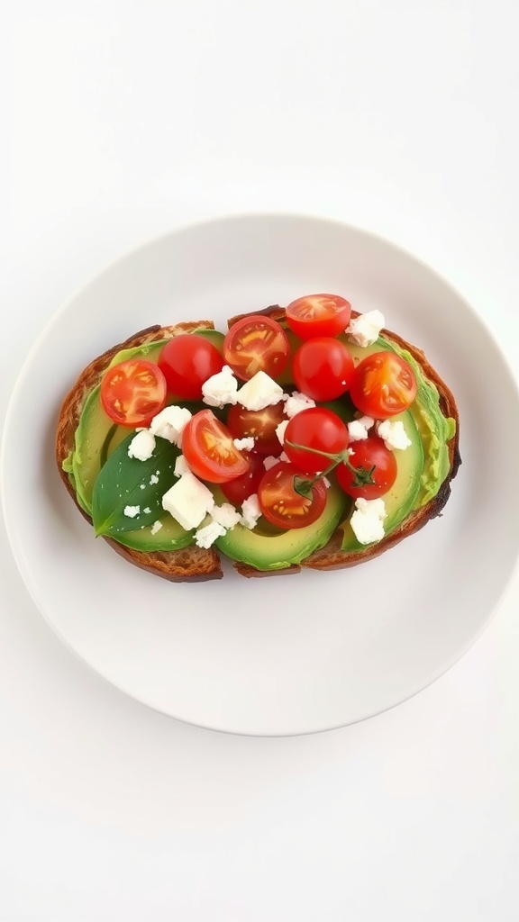 Avocado toast topped with cherry tomatoes and feta cheese on a white plate.