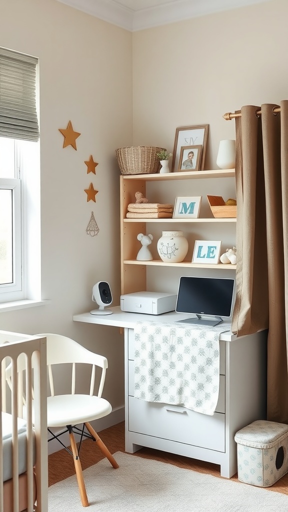 A nursery corner with a baby monitor, chair, and shelf decorated with items.