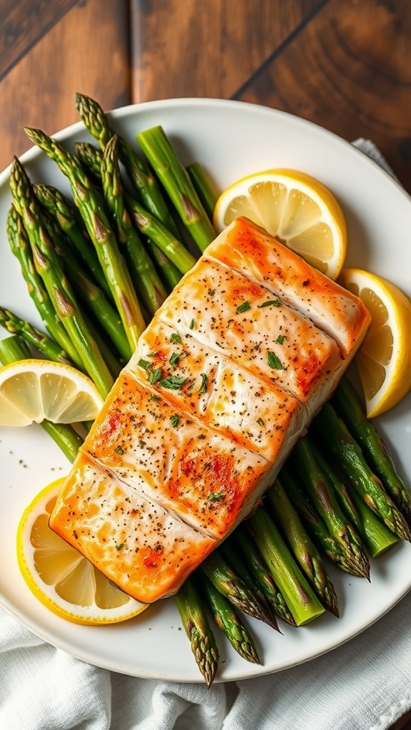 Baked salmon served with asparagus and lemon slices