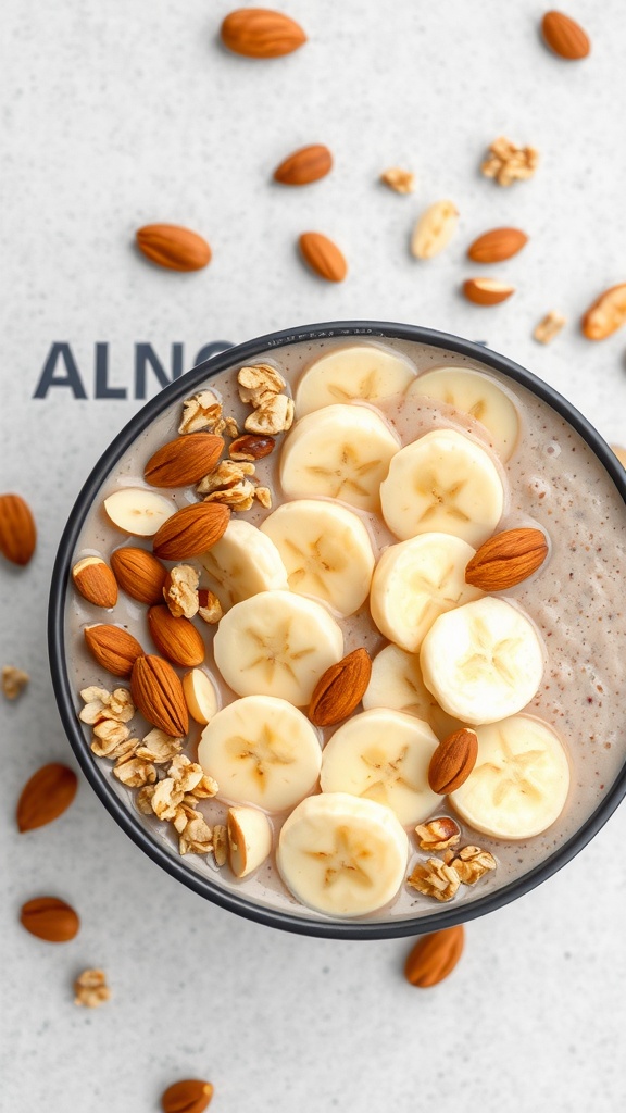 A banana almond smoothie bowl topped with banana slices, almonds, and granola.