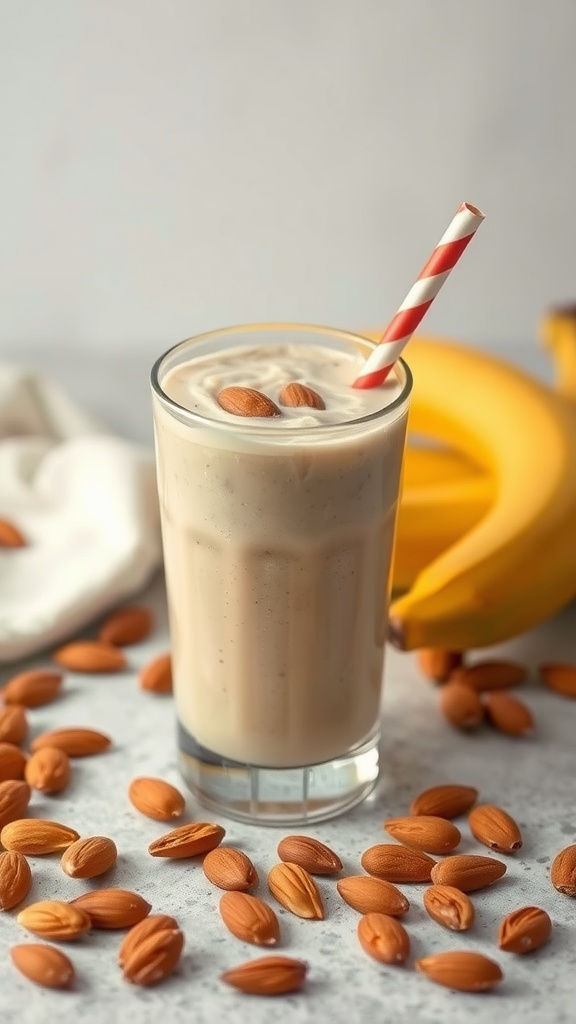 A refreshing banana and almond butter smoothie in a glass, garnished with almonds.