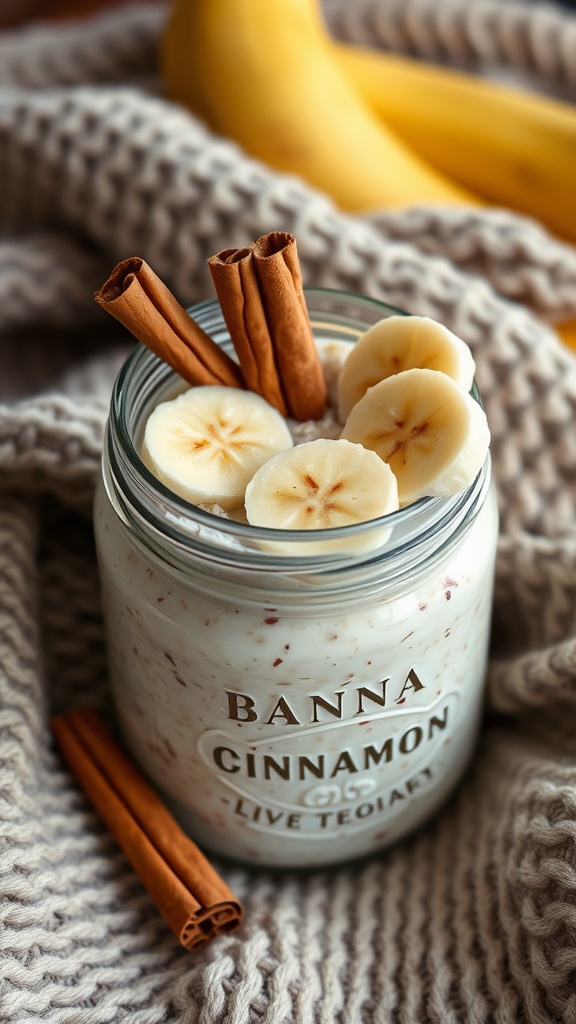 A jar of banana cinnamon overnight oats topped with banana slices and cinnamon sticks.