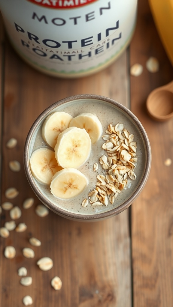 A bowl of banana oatmeal protein smoothie topped with banana slices and oats.