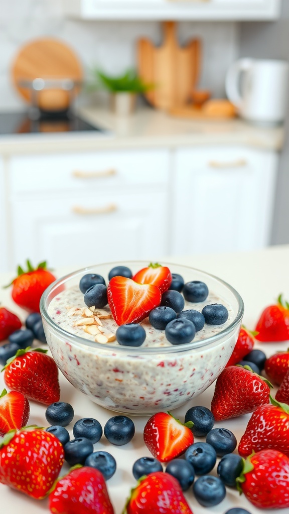 A bowl of berry almond overnight oats topped with fresh strawberries and blueberries