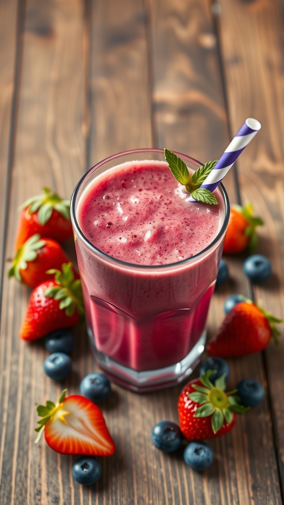 A refreshing Berry Blast Protein Smoothie made with strawberries and blueberries.