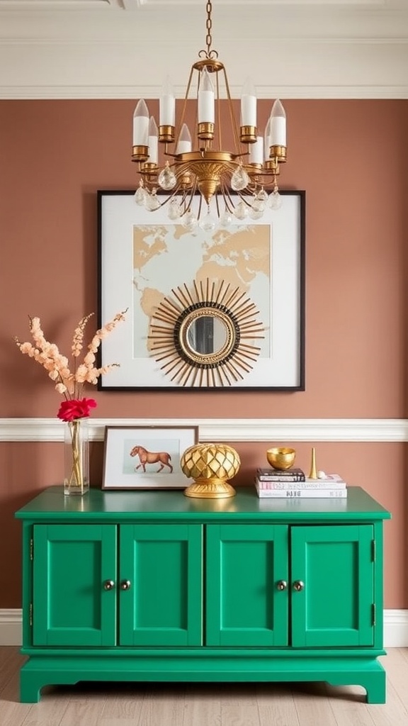 17 Dining Room Sideboard Styling Ideas For A Chic Setup A brightly colored green sideboard styled with decorative items in a chic dining room.