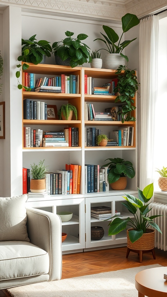 A styled bookshelf featuring a variety of books and potted plants.