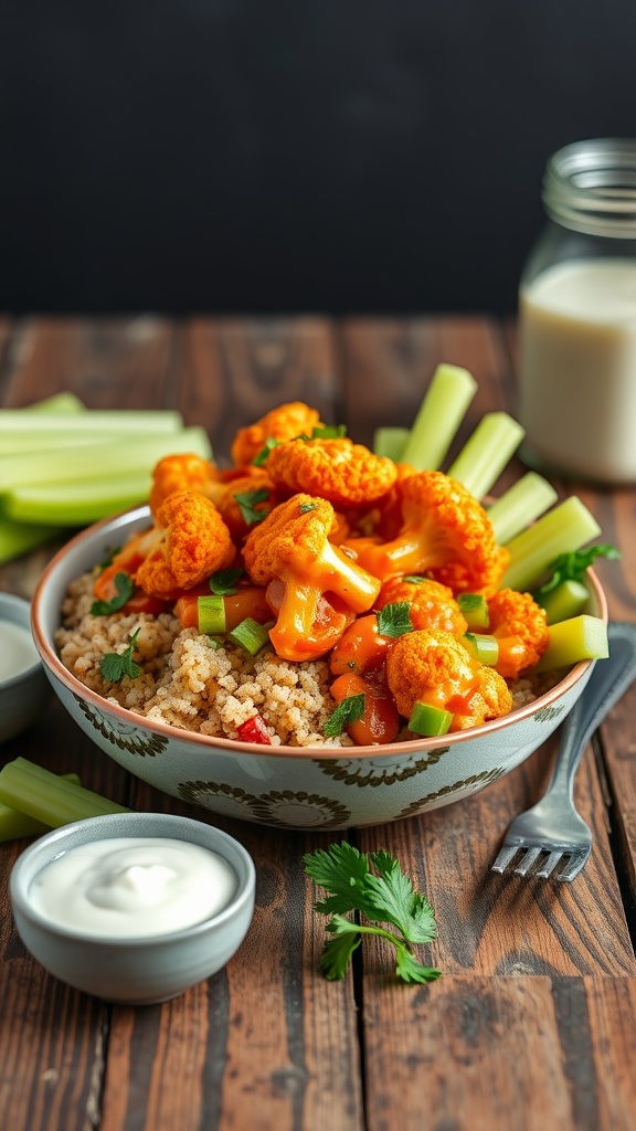 A vibrant bowl of buffalo cauliflower and quinoa with fresh vegetables.