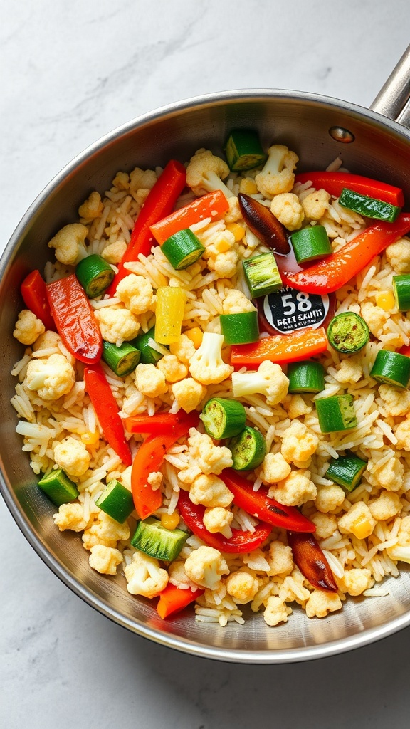 A colorful dish of cauliflower rice stir-fry with a variety of vegetables.