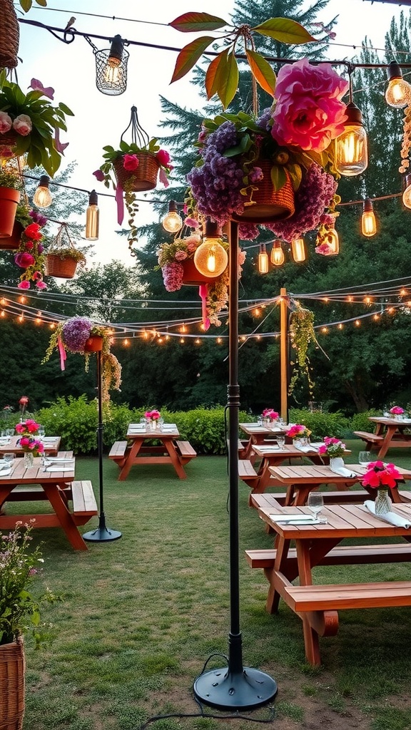 A beautiful garden setup featuring wooden picnic tables, vibrant flowers, and string lights, creating a cozy party atmosphere.