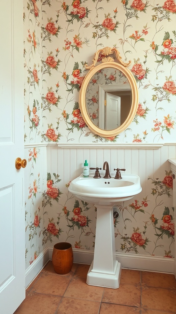 A charming vintage bathroom featuring a pedestal sink and floral wallpaper.