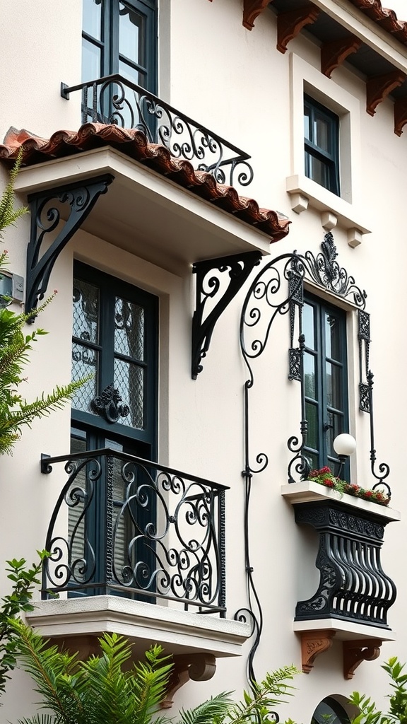 A close-up of a Spanish style home showcasing intricate wrought iron balconies and details.