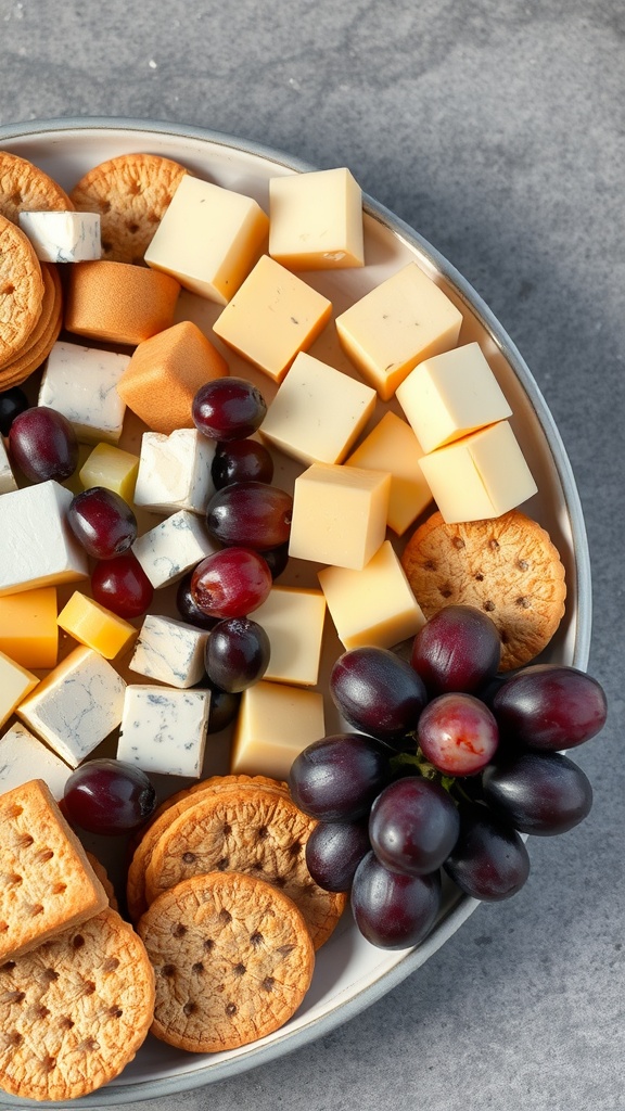 A plate with assorted cubes of cheese and whole grain crackers, accompanied by grapes.