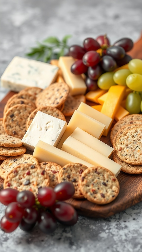 A platter with various cheeses and whole grain crackers, garnished with grapes.