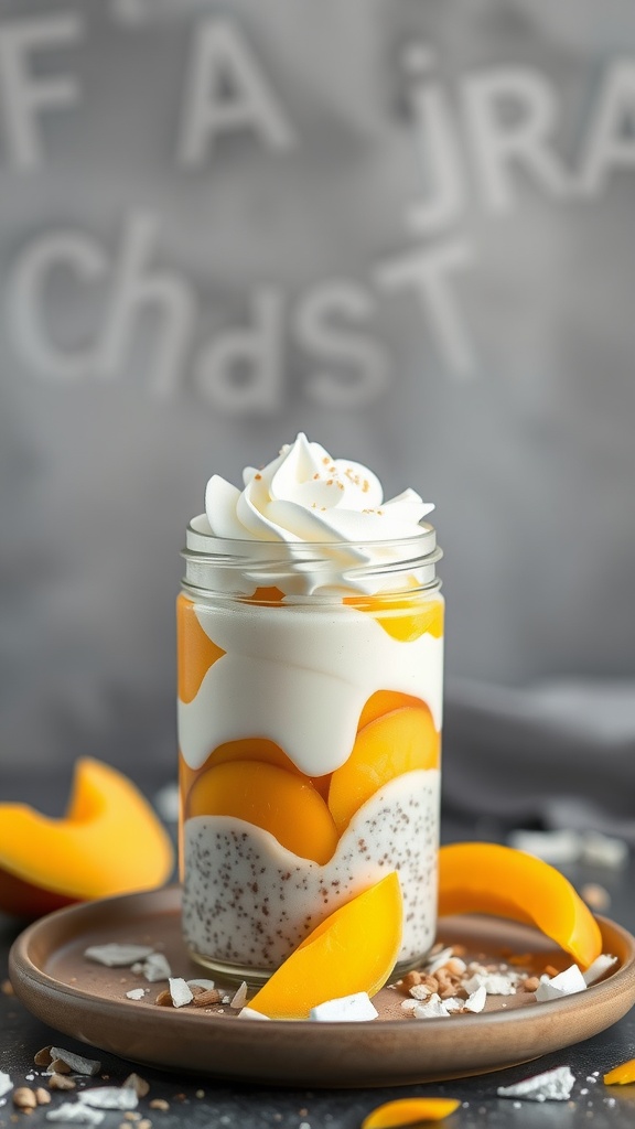 A jar of chia pudding layered with coconut and mango, topped with whipped cream and coconut flakes.