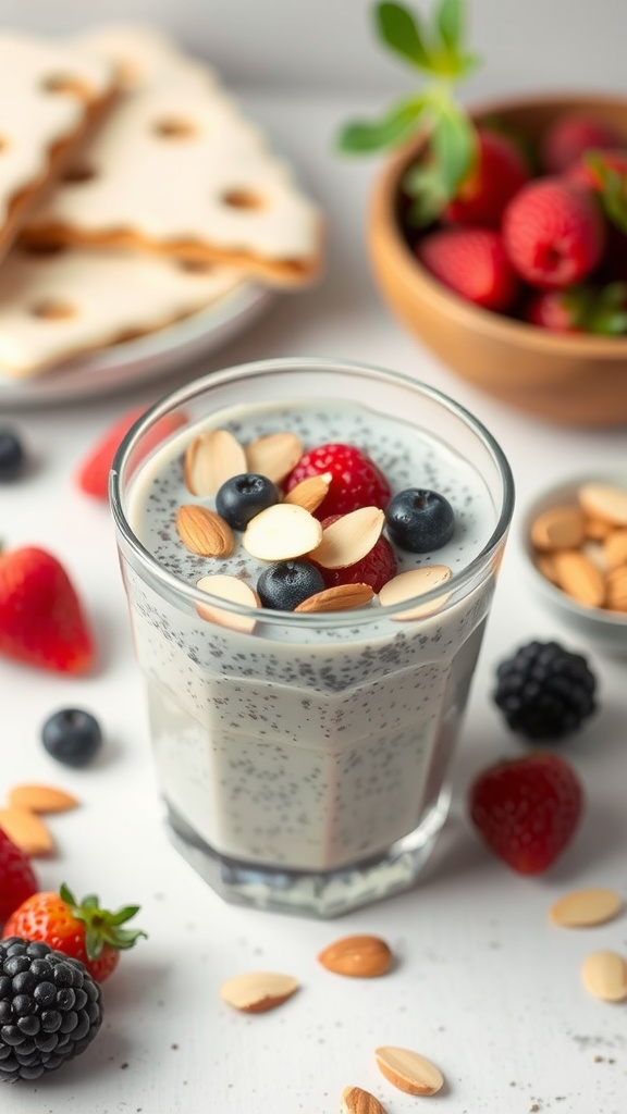 A glass of chia seed pudding topped with fresh berries and almonds.