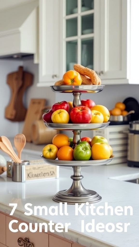 A chic tiered fruit stand with various colorful fruits on a kitchen counter.