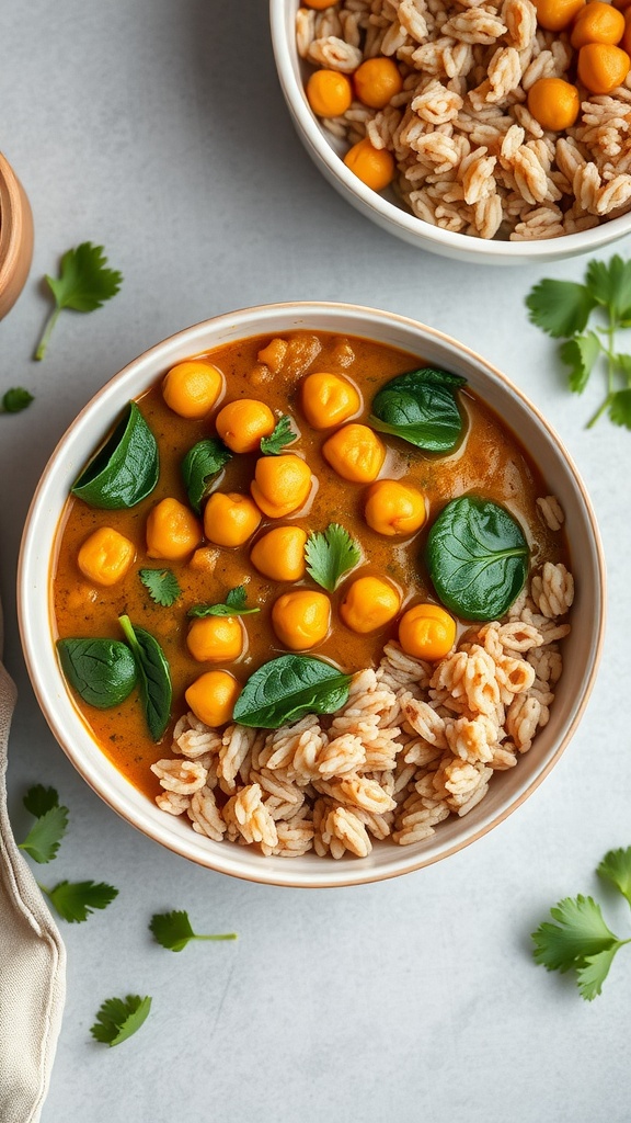 A bowl of chickpea and spinach curry served with rice, garnished with fresh spinach and coriander.