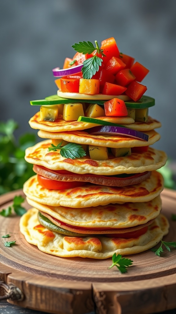 Chickpea flour pancakes stacked with colorful vegetables