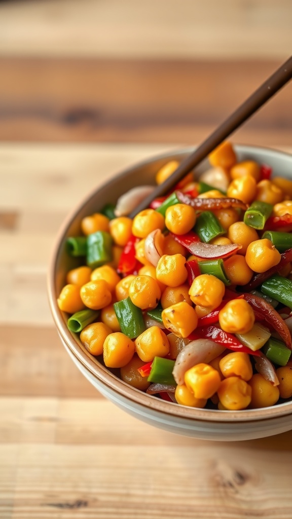 Chickpea stir-fry with colorful vegetables in a bowl.