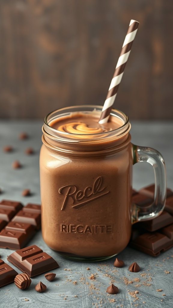 A delicious chocolate peanut butter smoothie in a glass jar