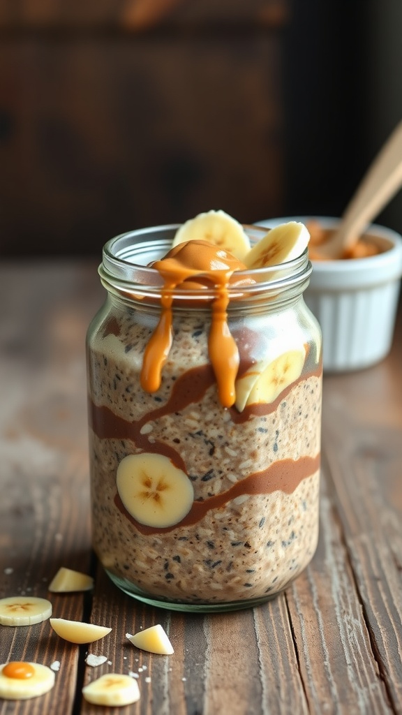 Jar of Chocolate Peanut Butter Overnight Oats topped with banana slices and peanut butter drizzle.