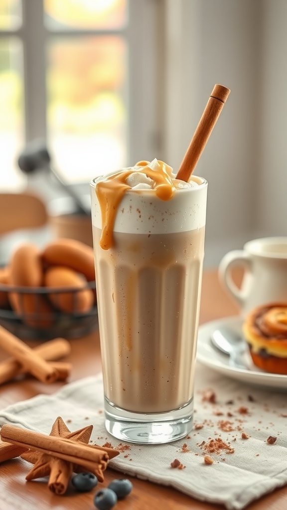 A delicious Cinnamon Roll Protein Shake with a cinnamon stick and caramel drizzle on top.