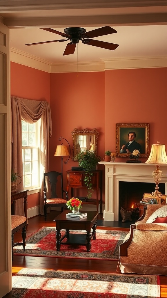 A cozy living room with a warm color palette, featuring traditional furnishings and a fireplace.